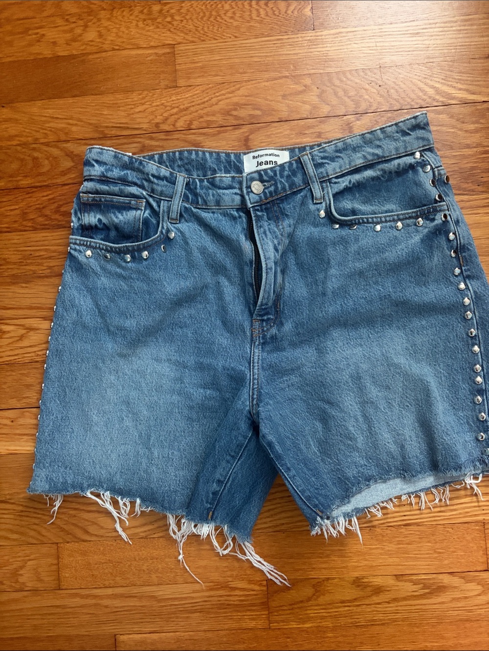 Reformation Medium Blue Studded Denim Cutoff Shorts